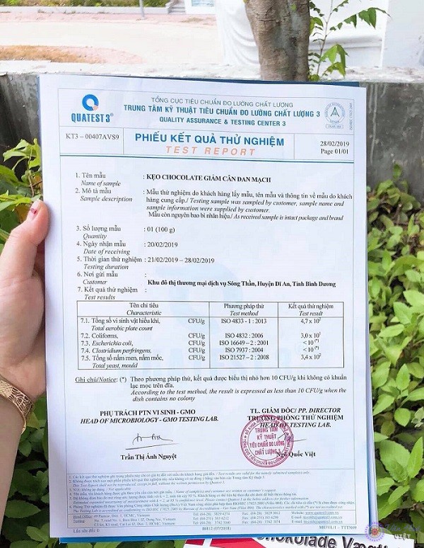 Phiếu kết quả thử nghiệm thành phần, độ an toàn của sản phẩm