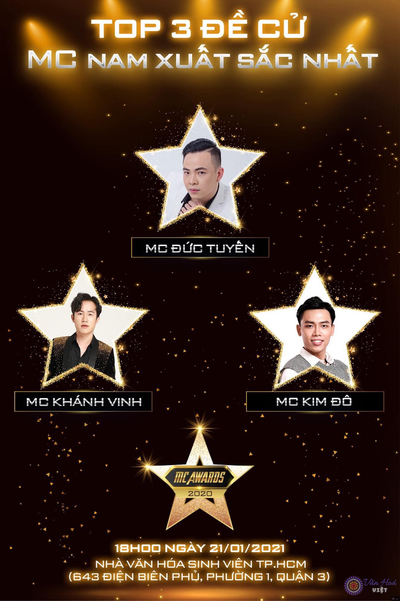Khánh Vinh đã lọt vào vị trí Top 3 đề cử MC Nam xuất sắc nhất tại MC AWARDS 2020. Chương trình sẽ diễn ra vào ngày 21/01/2021 sắp tới. Hãy cùng chúng tôi chờ đón kết quả của người xứng đáng nhất